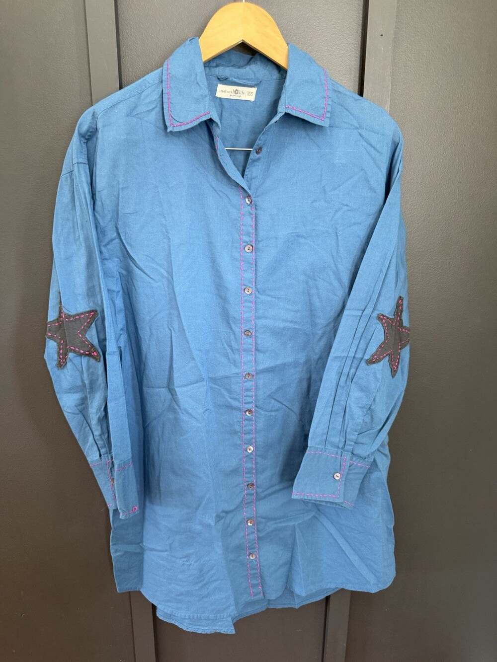 Natural Life Lesli Blue Shirt Dress XS/S Star Elbow Patch Pink Stitching